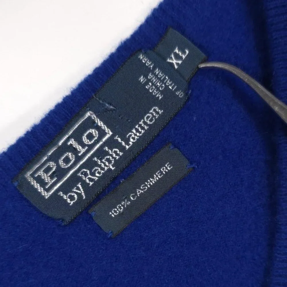 POLO RALPH LAUREN 100% CASHMERE Italian Yarn XL‎ Pullover V Neck Sweater Blue